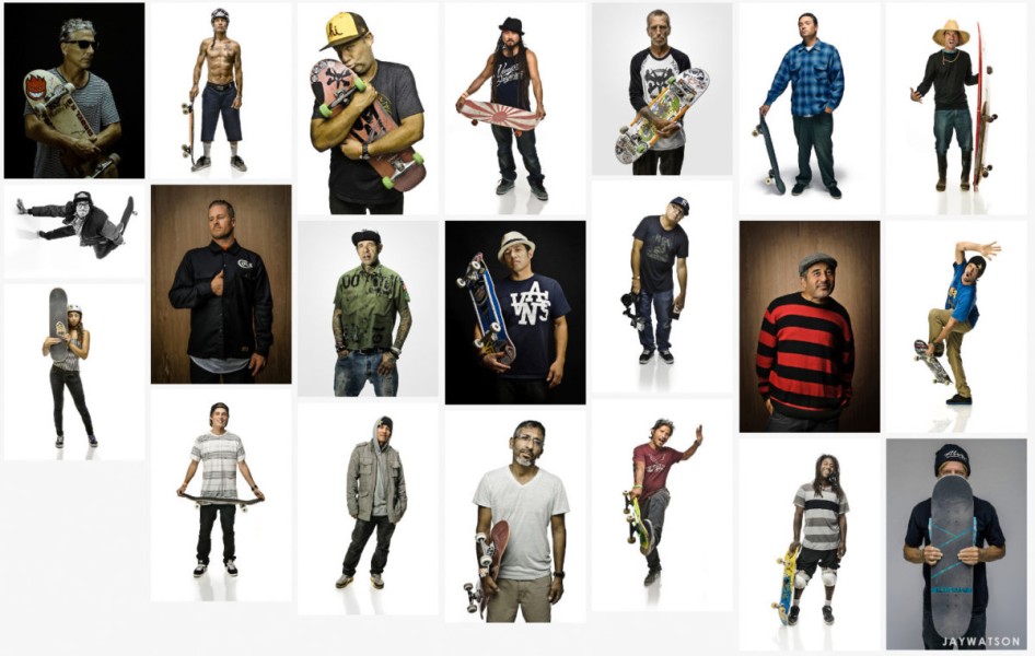 Studio portraits of legends and pros in skateboarding.