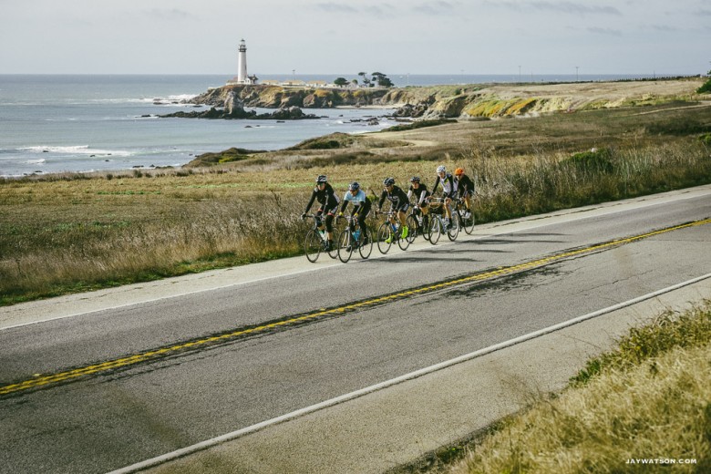 Group ride passing the Pigeon Point Lighthouse in Pescadero
