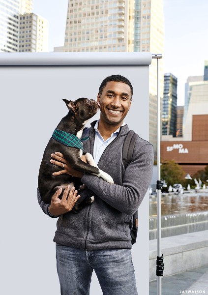 BTS of Andre Charoo with his pooch in downtown San Francisco. | Crescent Magazine (Canada)