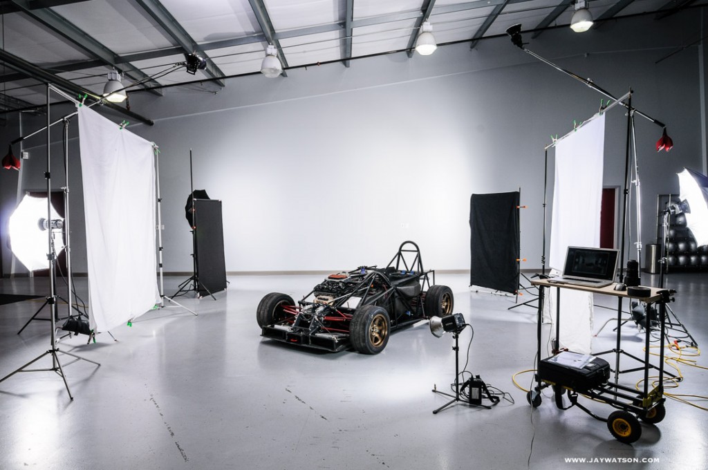 Behind the scenes set up for the studio car shots.